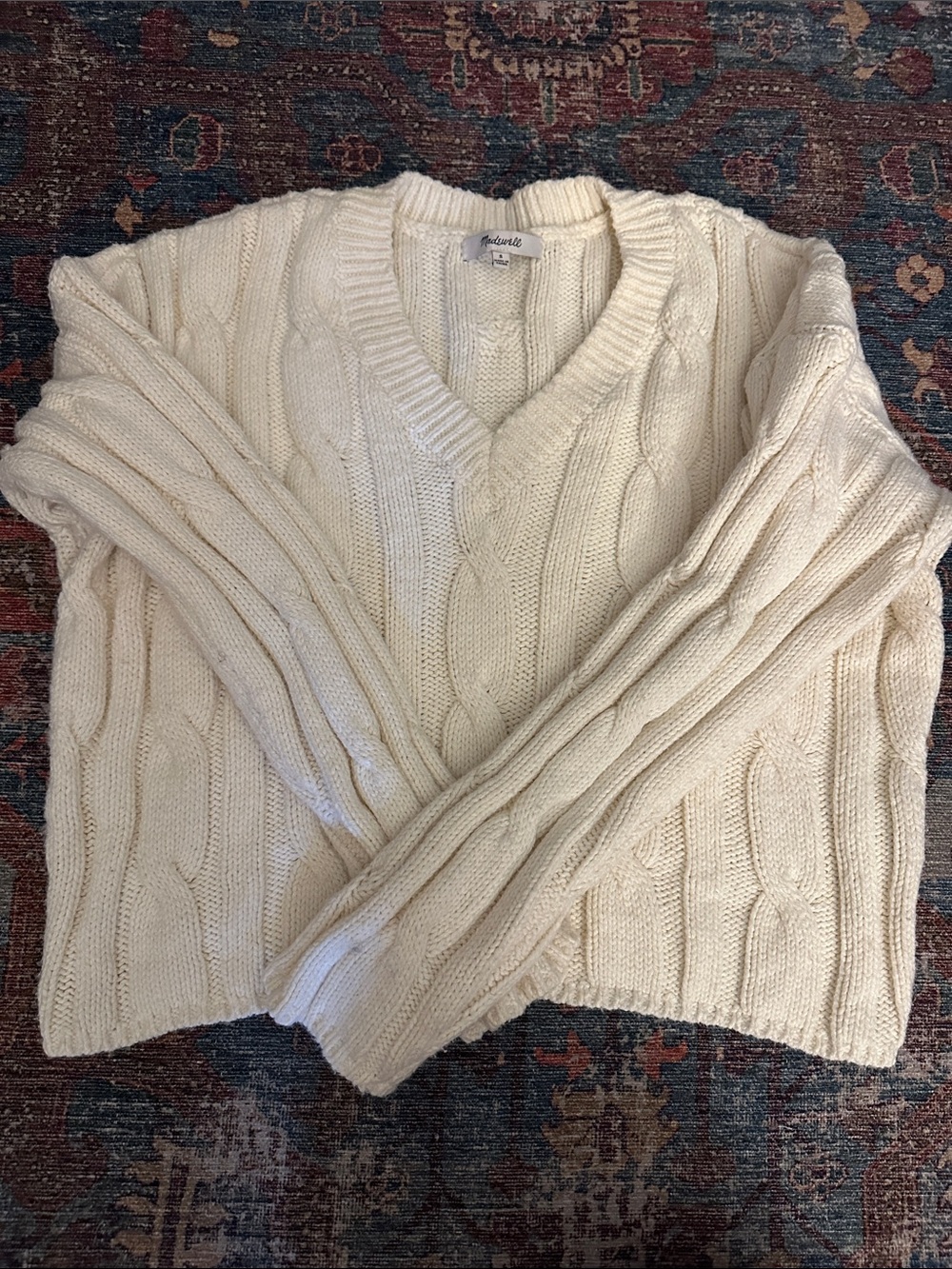 Madewell Cream Cable-Knit V-Neck Sweater